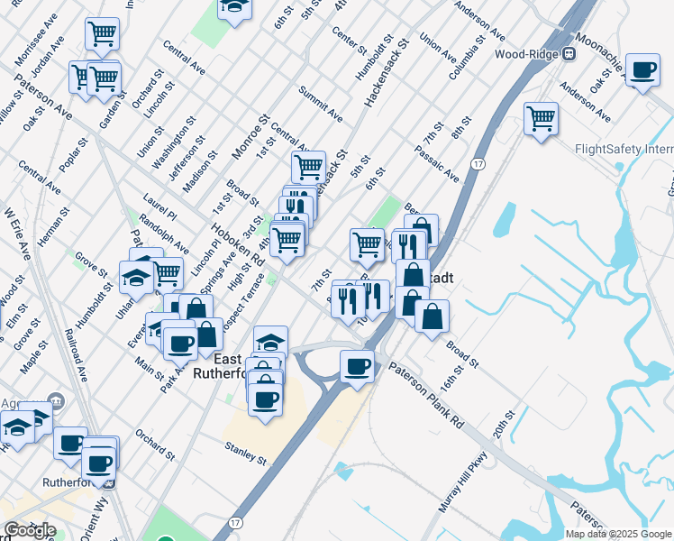 map of restaurants, bars, coffee shops, grocery stores, and more near 344 8th Street in Carlstadt