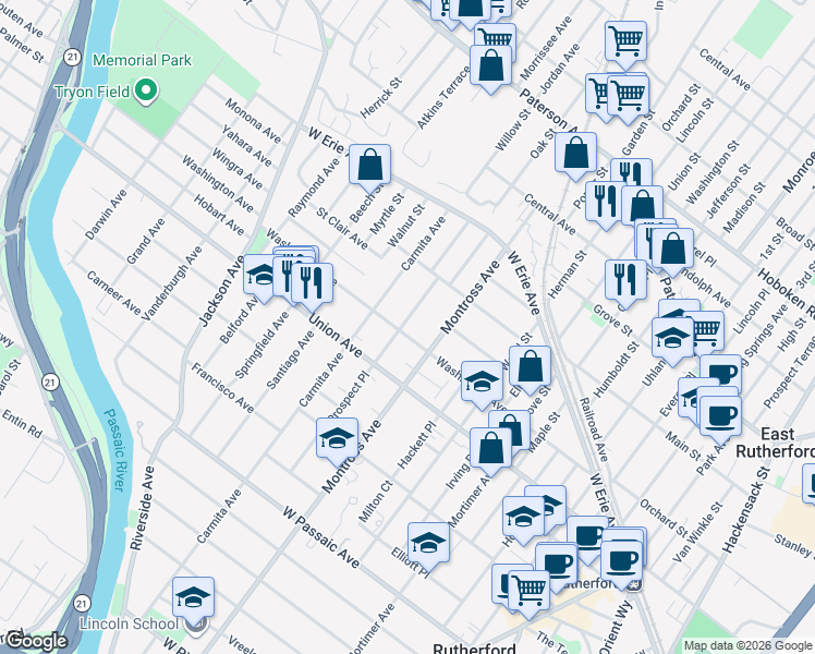map of restaurants, bars, coffee shops, grocery stores, and more near 95 Prospect Place in Rutherford