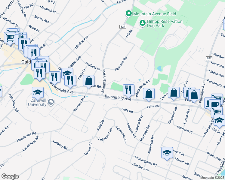 map of restaurants, bars, coffee shops, grocery stores, and more near 36 Elm Road in North Caldwell