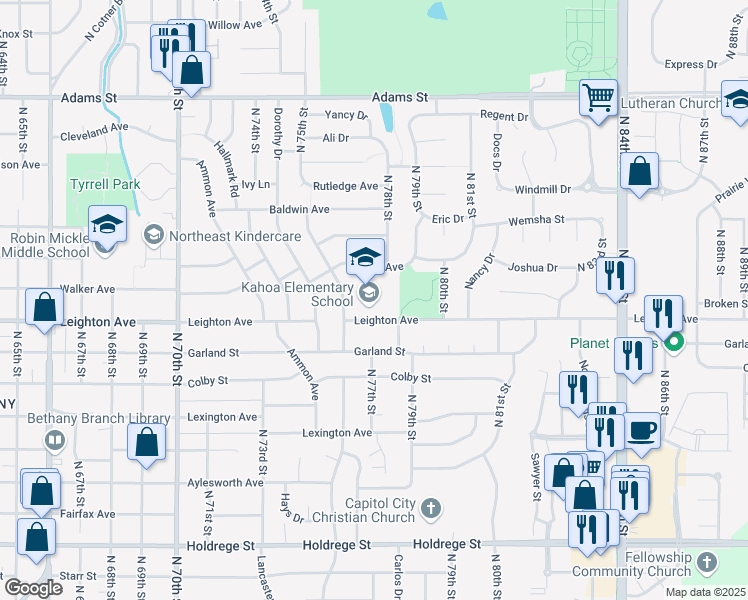 map of restaurants, bars, coffee shops, grocery stores, and more near 7700 Leighton Ave in Lincoln