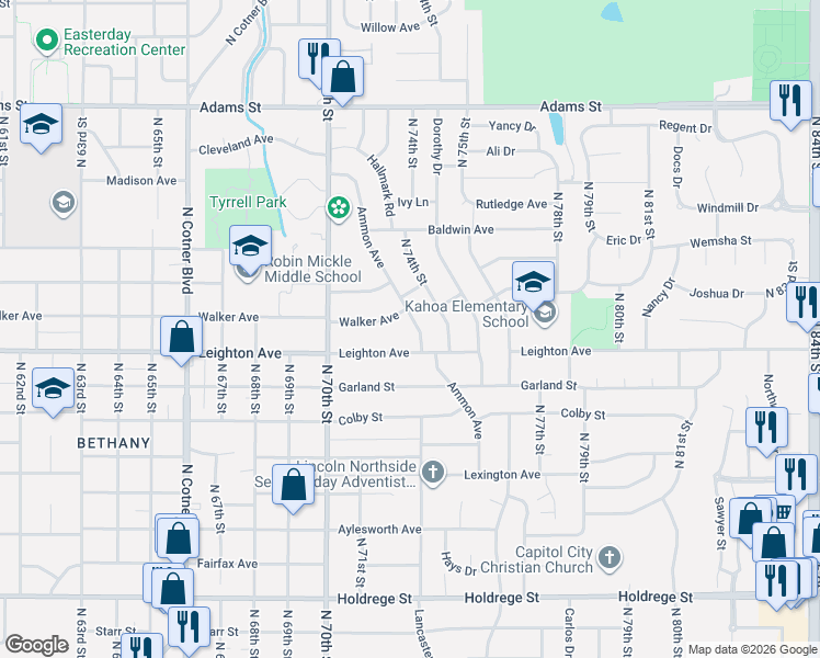 map of restaurants, bars, coffee shops, grocery stores, and more near 2330 Ammon Avenue in Lincoln