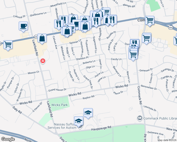 map of restaurants, bars, coffee shops, grocery stores, and more near 14 Romeo Lane in Commack