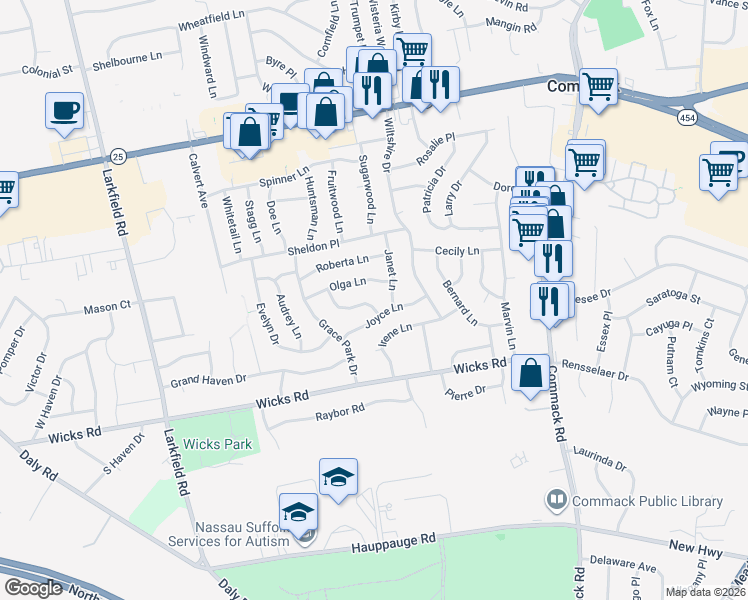 map of restaurants, bars, coffee shops, grocery stores, and more near 4 Romeo Lane in Commack