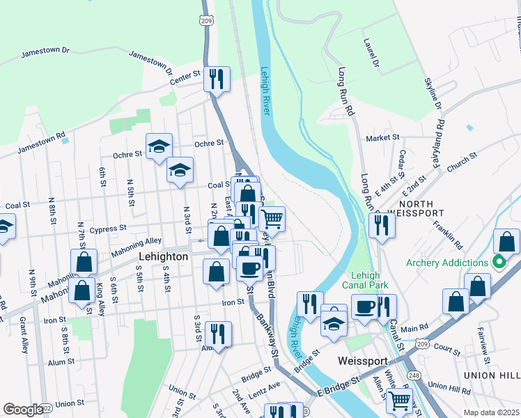map of restaurants, bars, coffee shops, grocery stores, and more near 314 Sgt Stanley Hoffman Boulevard in Lehighton