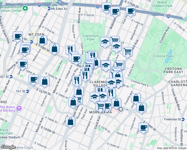 map of restaurants, bars, coffee shops, grocery stores, and more near 1378 Webster Avenue in The Bronx