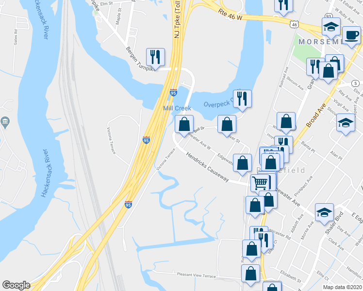map of restaurants, bars, coffee shops, grocery stores, and more near 1155 Hendricks Causeway in Ridgefield