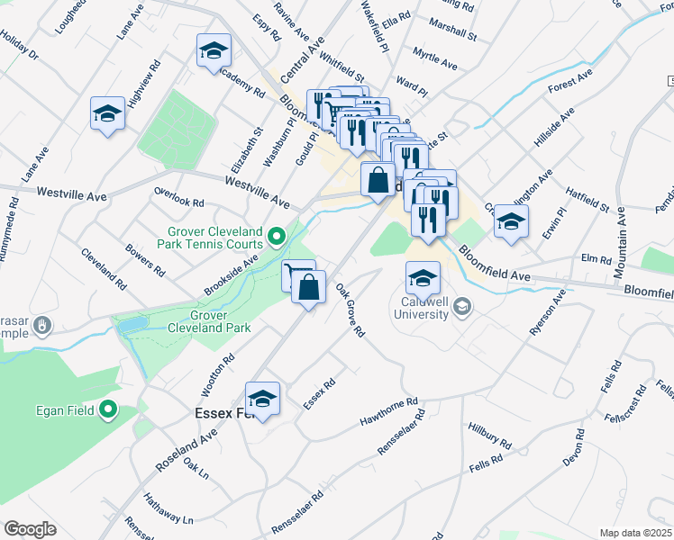 map of restaurants, bars, coffee shops, grocery stores, and more near 105 Roseland Avenue in Caldwell