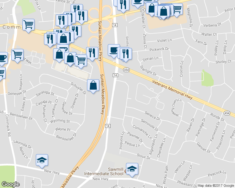 map of restaurants, bars, coffee shops, grocery stores, and more near 121 Harned Road in Commack