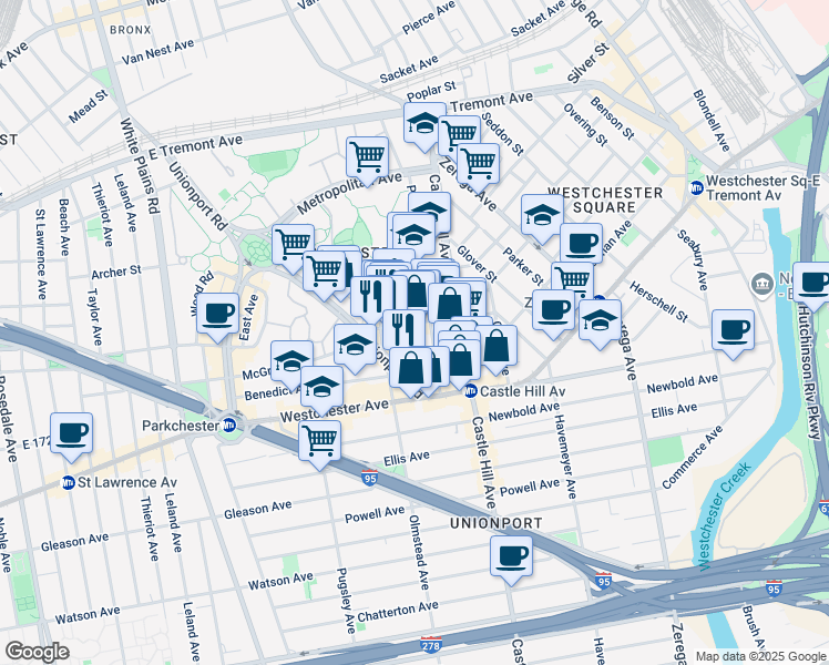 map of restaurants, bars, coffee shops, grocery stores, and more near 2132 Starling Avenue in Bronx