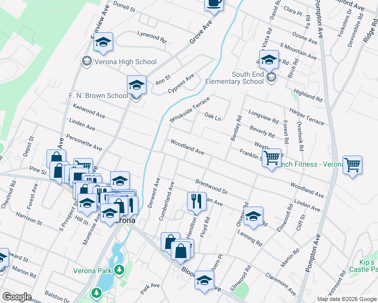 map of restaurants, bars, coffee shops, grocery stores, and more near 167 Woodland Avenue in Verona