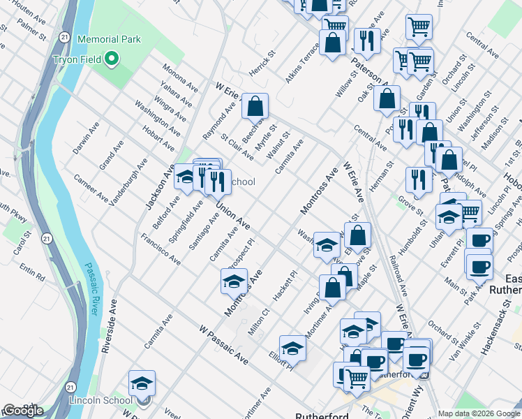 map of restaurants, bars, coffee shops, grocery stores, and more near 205 Washington Avenue in Rutherford