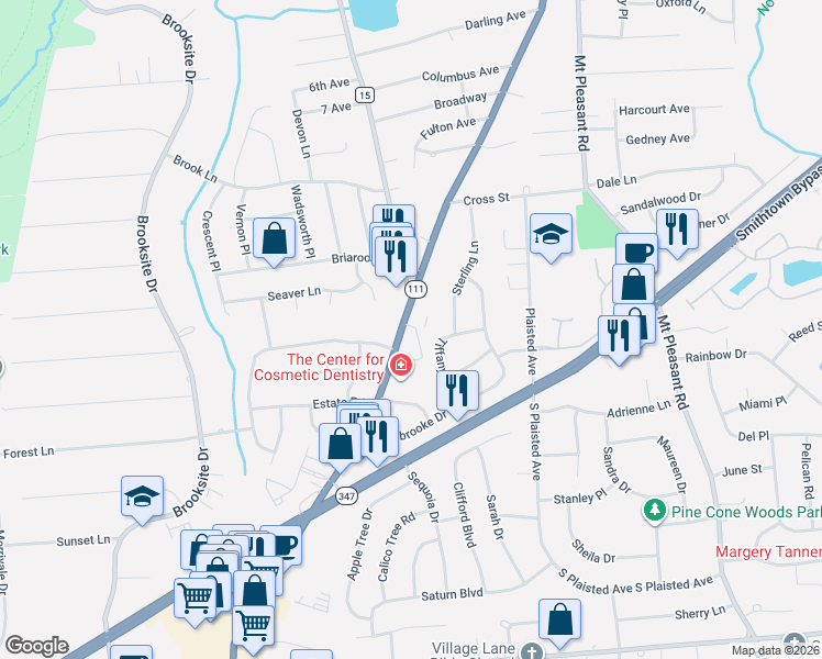 map of restaurants, bars, coffee shops, grocery stores, and more near Hauppauge Road in Smithtown