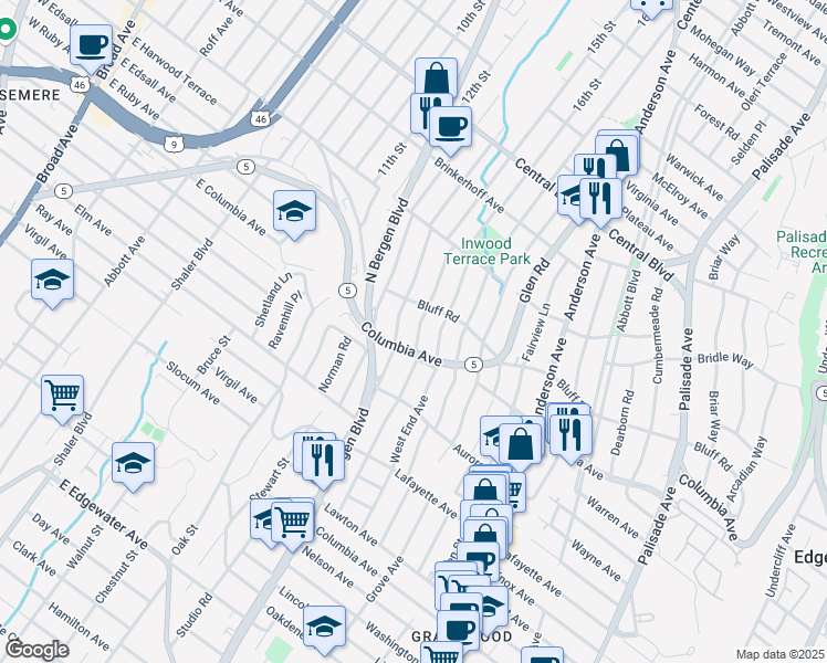 map of restaurants, bars, coffee shops, grocery stores, and more near 1017 Kingsland Lane in Fort Lee