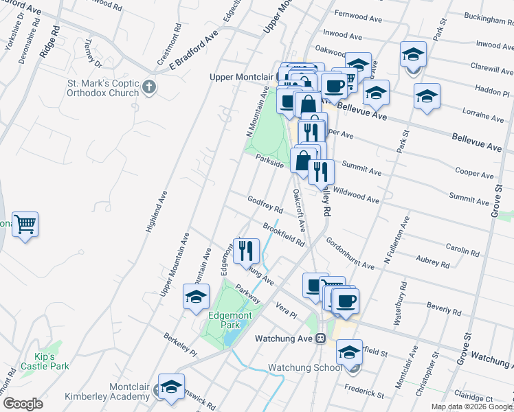 map of restaurants, bars, coffee shops, grocery stores, and more near 32 Godfrey Road in Montclair