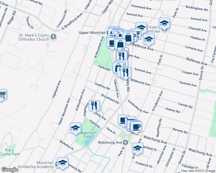 map of restaurants, bars, coffee shops, grocery stores, and more near 17 Godfrey Road in Montclair