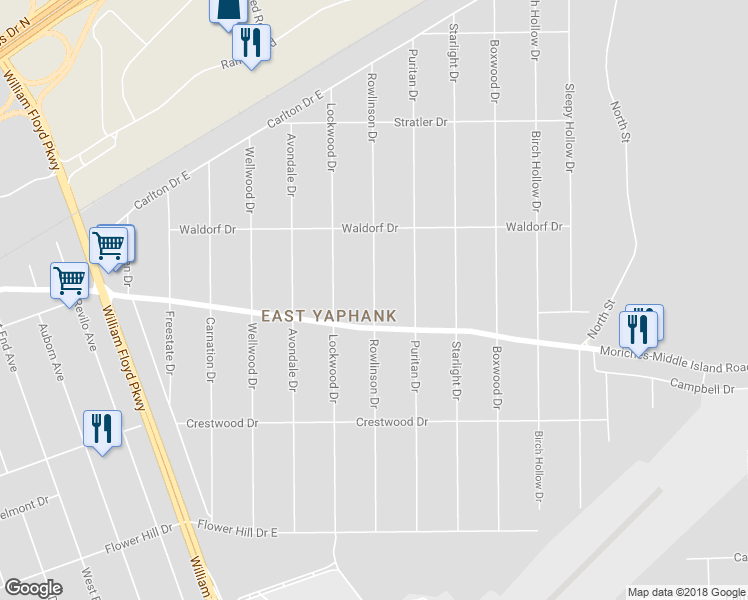 map of restaurants, bars, coffee shops, grocery stores, and more near Rowlinson Drive in Shirley