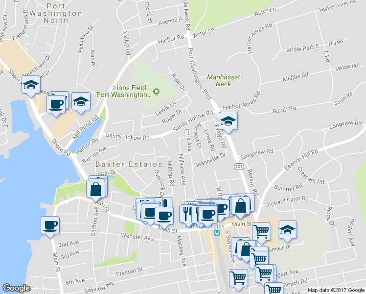 map of restaurants, bars, coffee shops, grocery stores, and more near 55 Hillview Avenue in Port Washington