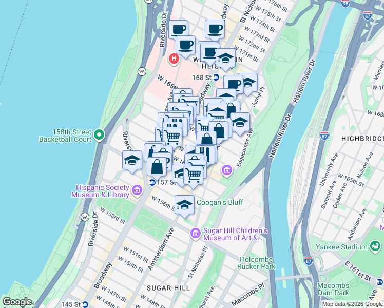 map of restaurants, bars, coffee shops, grocery stores, and more near 524 West 161st Street in New York