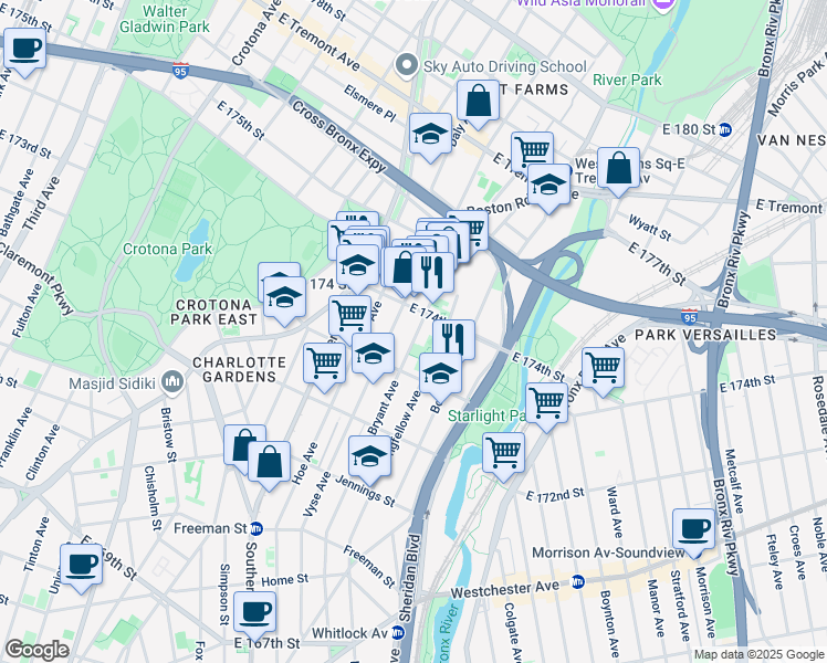 map of restaurants, bars, coffee shops, grocery stores, and more near 1707 Bryant Avenue in Bronx