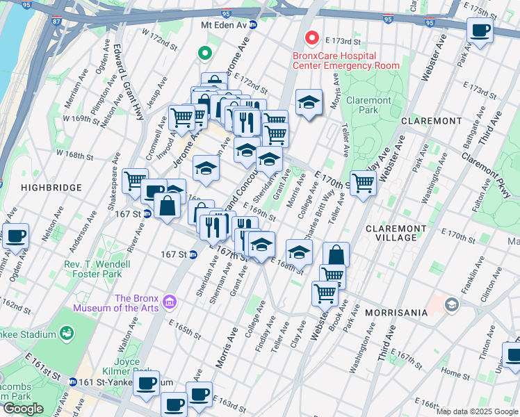 map of restaurants, bars, coffee shops, grocery stores, and more near 233 East 169th Street in Bronx