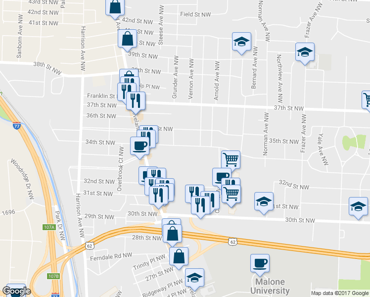 map of restaurants, bars, coffee shops, grocery stores, and more near 1412 34th Street Northwest in Canton