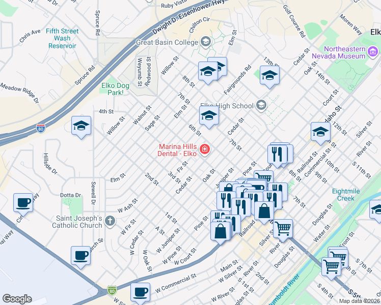 map of restaurants, bars, coffee shops, grocery stores, and more near 1015 5th Street in Elko