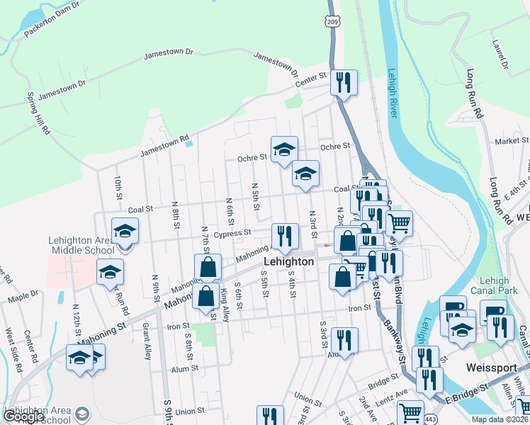 map of restaurants, bars, coffee shops, grocery stores, and more near 223 N 5th St in Lehighton