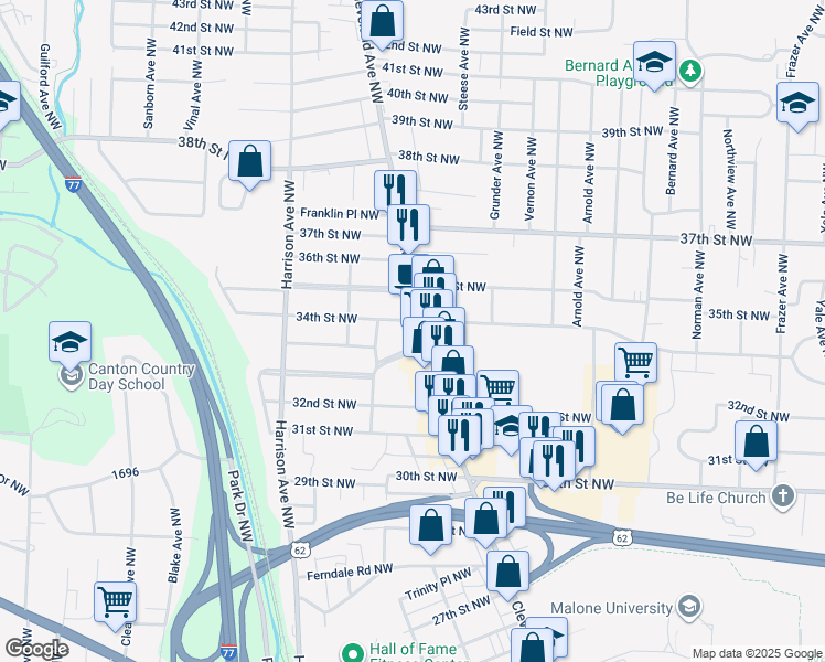 map of restaurants, bars, coffee shops, grocery stores, and more near 3315 Cleveland Avenue Northwest in Canton