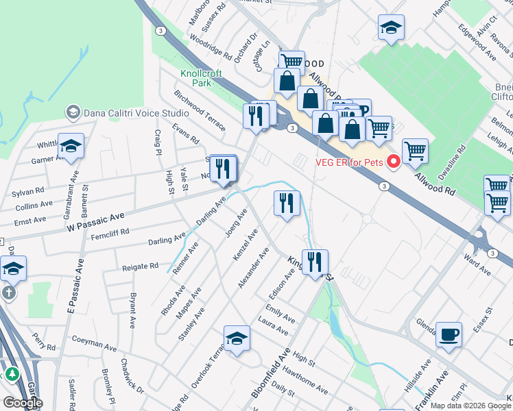 map of restaurants, bars, coffee shops, grocery stores, and more near 115 Kenzel Avenue in Nutley