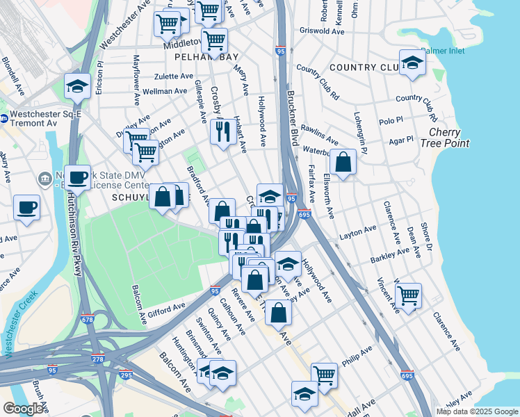 map of restaurants, bars, coffee shops, grocery stores, and more near 1166 Crosby Avenue in Bronx