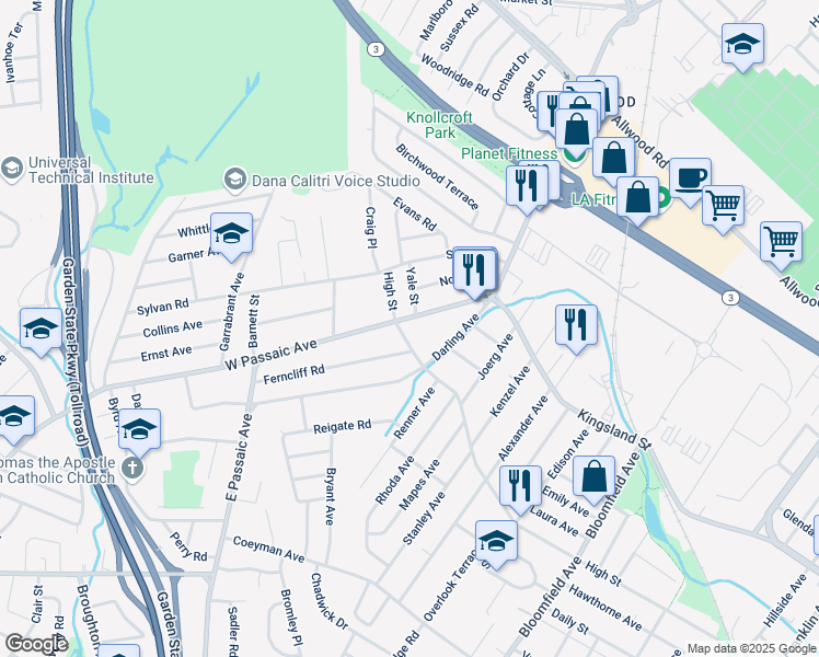 map of restaurants, bars, coffee shops, grocery stores, and more near 335 West Passaic Avenue in Bloomfield