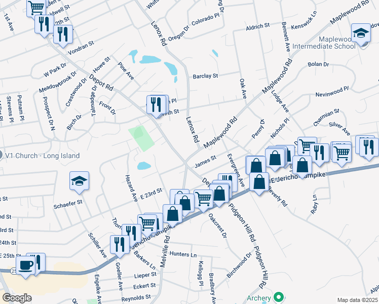 map of restaurants, bars, coffee shops, grocery stores, and more near 5 Maplewood Road in Huntington Station