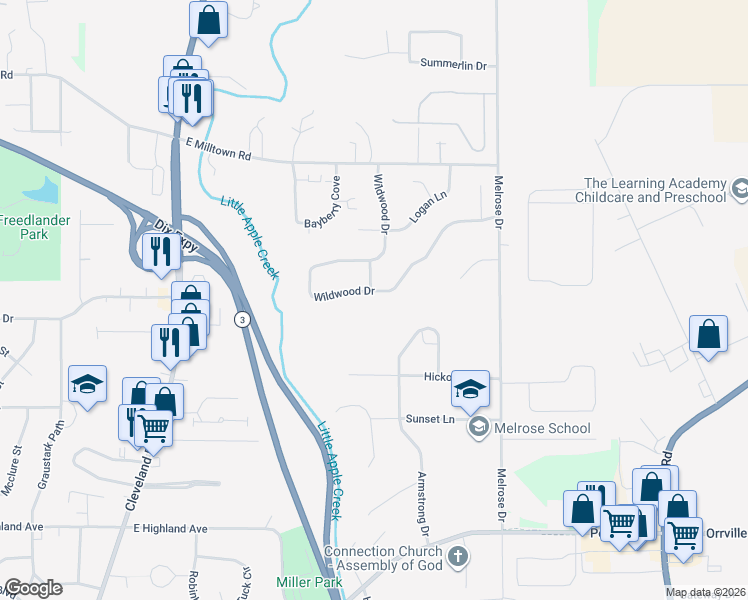 map of restaurants, bars, coffee shops, grocery stores, and more near 1277 Wildwood Drive in Wooster
