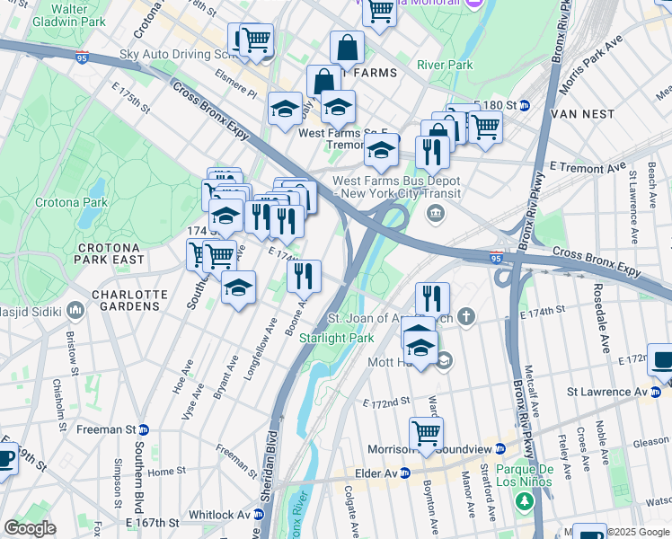 map of restaurants, bars, coffee shops, grocery stores, and more near 1775 West Farms Road in The Bronx