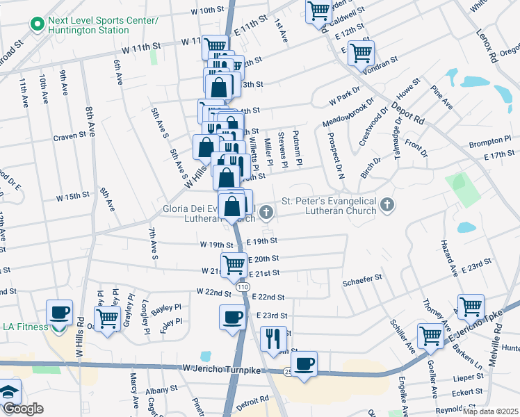 map of restaurants, bars, coffee shops, grocery stores, and more near 20 East 17th Street in Huntington Station