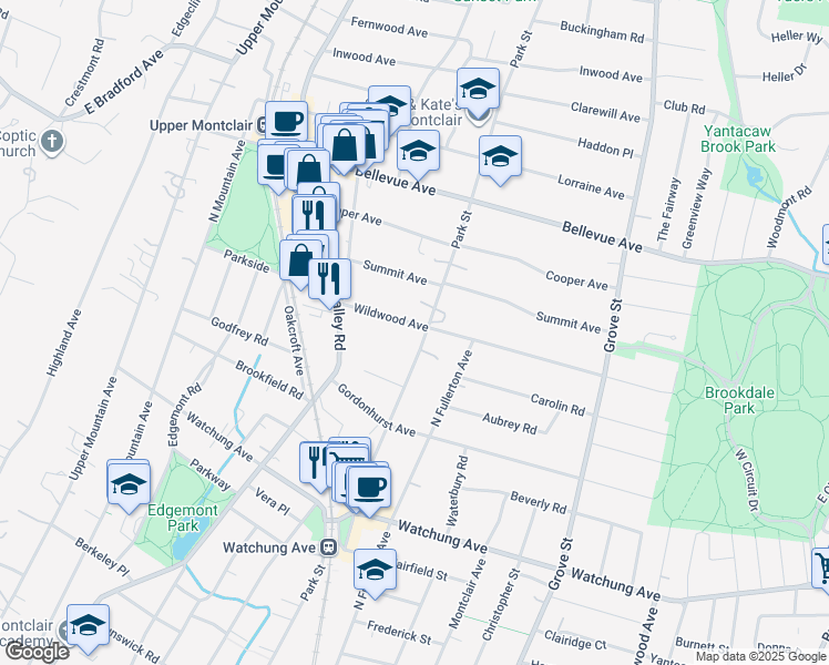map of restaurants, bars, coffee shops, grocery stores, and more near 330 Park Street in Montclair