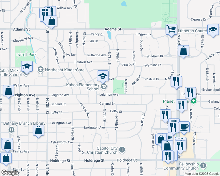 map of restaurants, bars, coffee shops, grocery stores, and more near 7700 Leighton Avenue in Lincoln