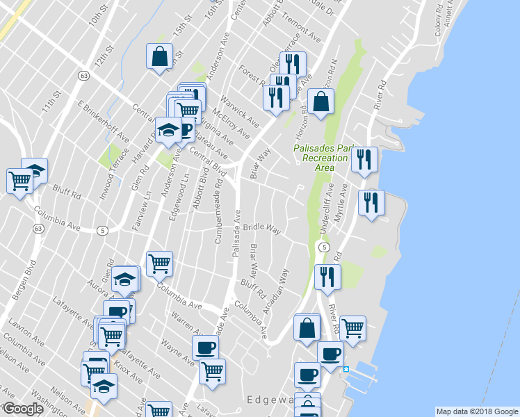 map of restaurants, bars, coffee shops, grocery stores, and more near 1154 Briar Way in Fort Lee