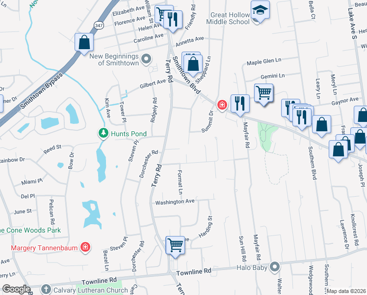 map of restaurants, bars, coffee shops, grocery stores, and more near 9 Bonny Ct in Smithtown