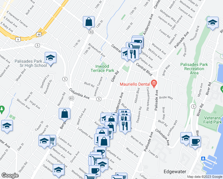 map of restaurants, bars, coffee shops, grocery stores, and more near 1052 Glen Road in Fort Lee