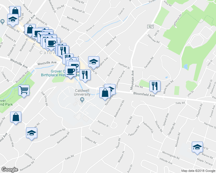 map of restaurants, bars, coffee shops, grocery stores, and more near 84 Elm Road in Caldwell