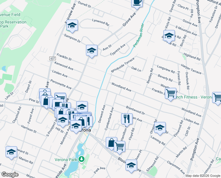 map of restaurants, bars, coffee shops, grocery stores, and more near 182 Linden Avenue in Verona