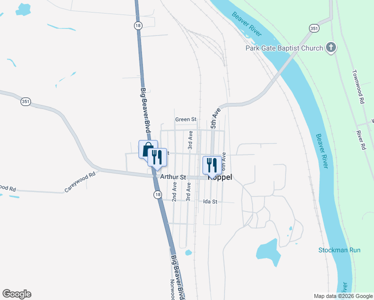 map of restaurants, bars, coffee shops, grocery stores, and more near 3338 3rd Avenue in Koppel