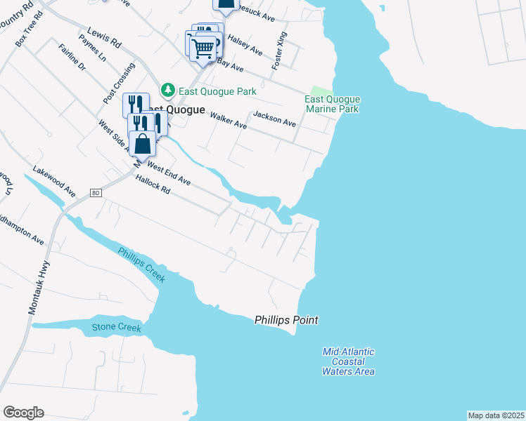 map of restaurants, bars, coffee shops, grocery stores, and more near 53 West End Avenue in East Quogue