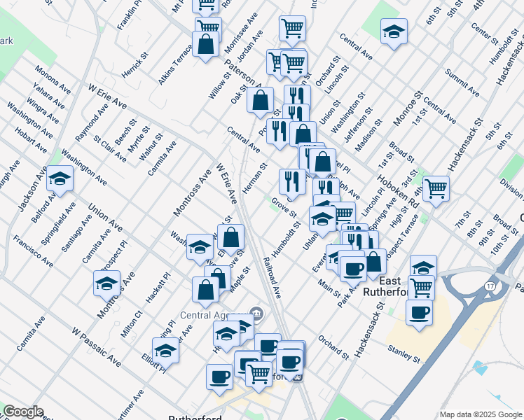 map of restaurants, bars, coffee shops, grocery stores, and more near 122 Mozart Street in East Rutherford