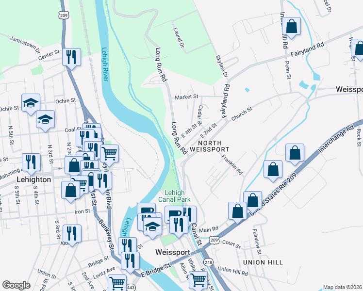 map of restaurants, bars, coffee shops, grocery stores, and more near 44 East 3rd Street in Lehighton