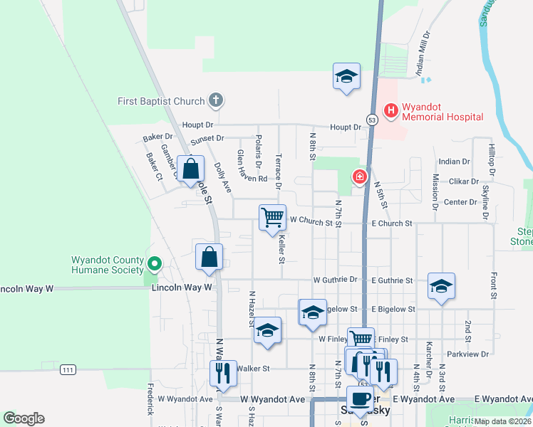map of restaurants, bars, coffee shops, grocery stores, and more near 400-498 W Church St in Upper Sandusky