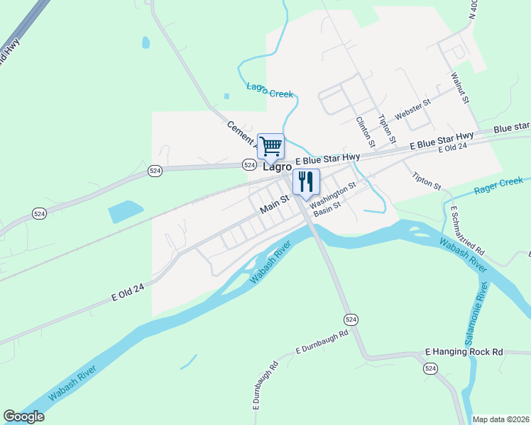 map of restaurants, bars, coffee shops, grocery stores, and more near 1050 Main Street in Lagro