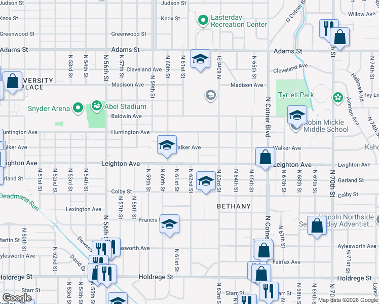 map of restaurants, bars, coffee shops, grocery stores, and more near 6101 Walker Avenue in Lincoln