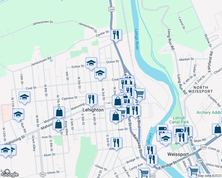 map of restaurants, bars, coffee shops, grocery stores, and more near 228 N 2nd St in Lehighton